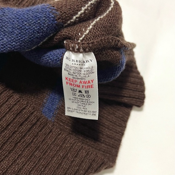 Burberry Youth Argyle V-Neck Sweater Cotton Brown Blue Diamond Striped Size 12Y - Picture 12 of 13
